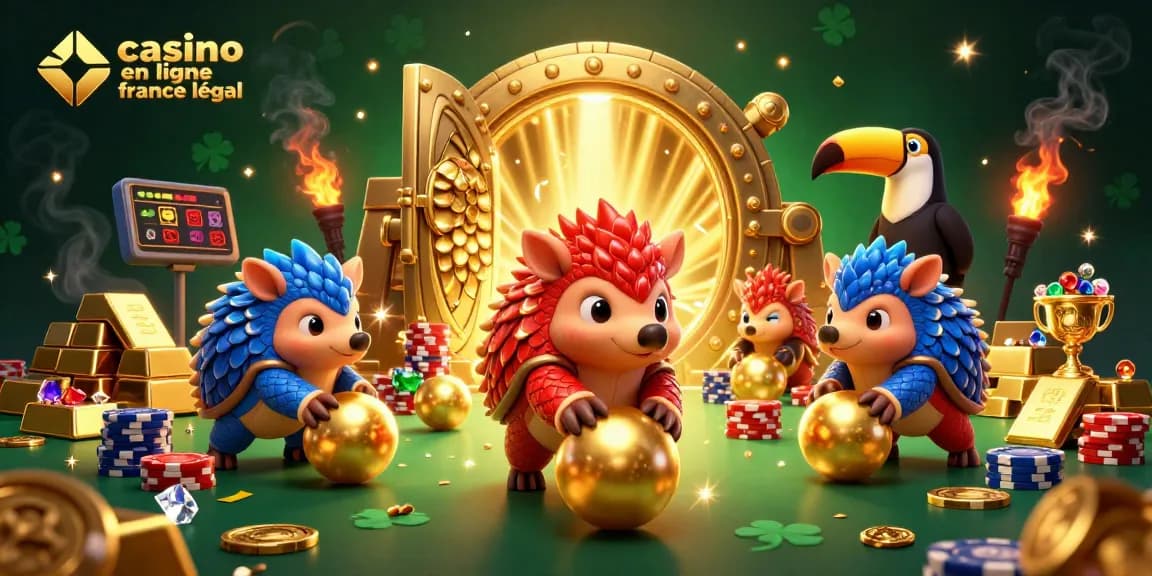 Illustration dynamique d'un casino en ligne France légal avec des pangolins rivaux et des jetons de poker.