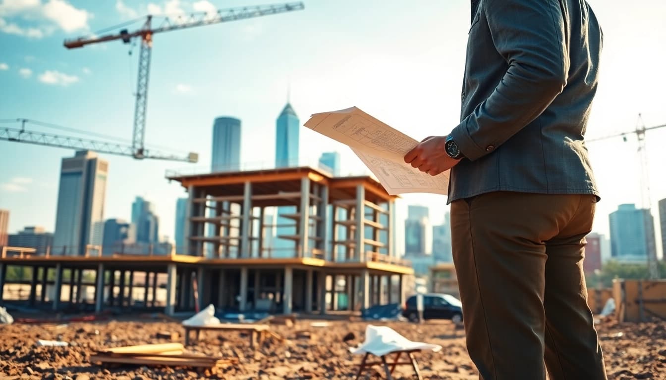 Real Estate Developer examining blueprints on a construction site with a city skyline.