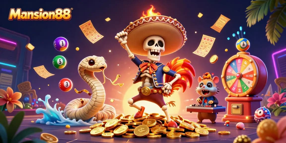 Mansion88 features a vibrant gaming scene with a lively mariachi rooster celebrating amidst casino elements, underscoring Asian online betting excitement.