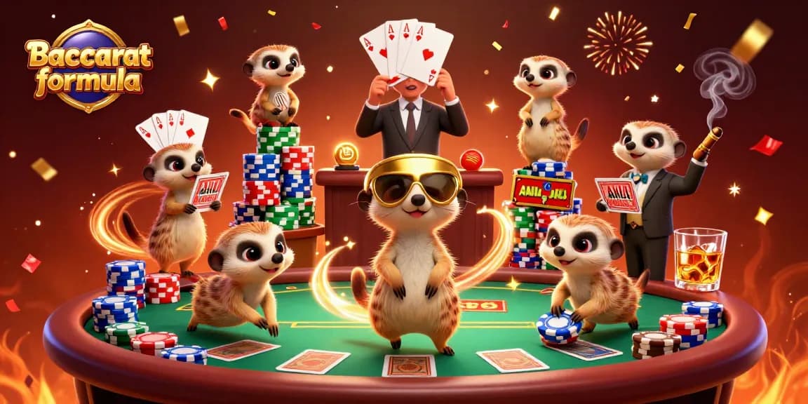 Experience the ultimate Baccarat formula game with vibrant meerkats in a bustling casino scene.