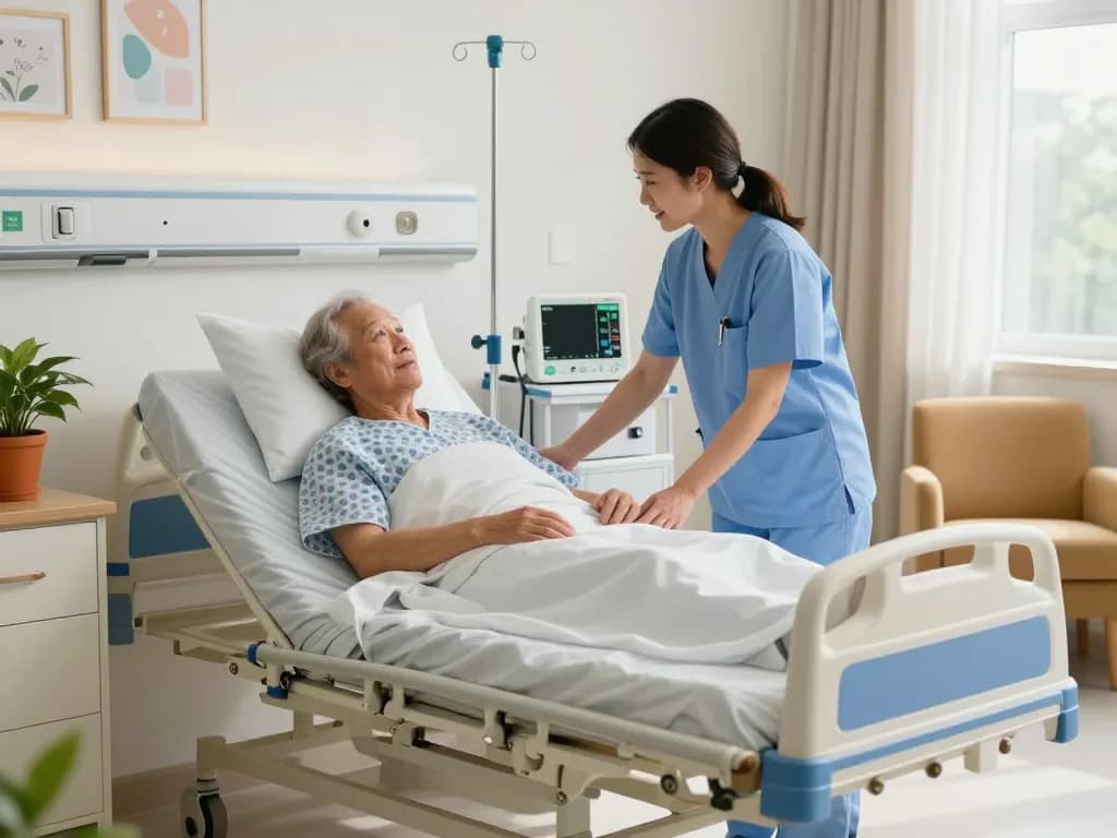 Adjustable giường bệnh nhân in a cozy hospital room with natural light, showcasing comfort and care.