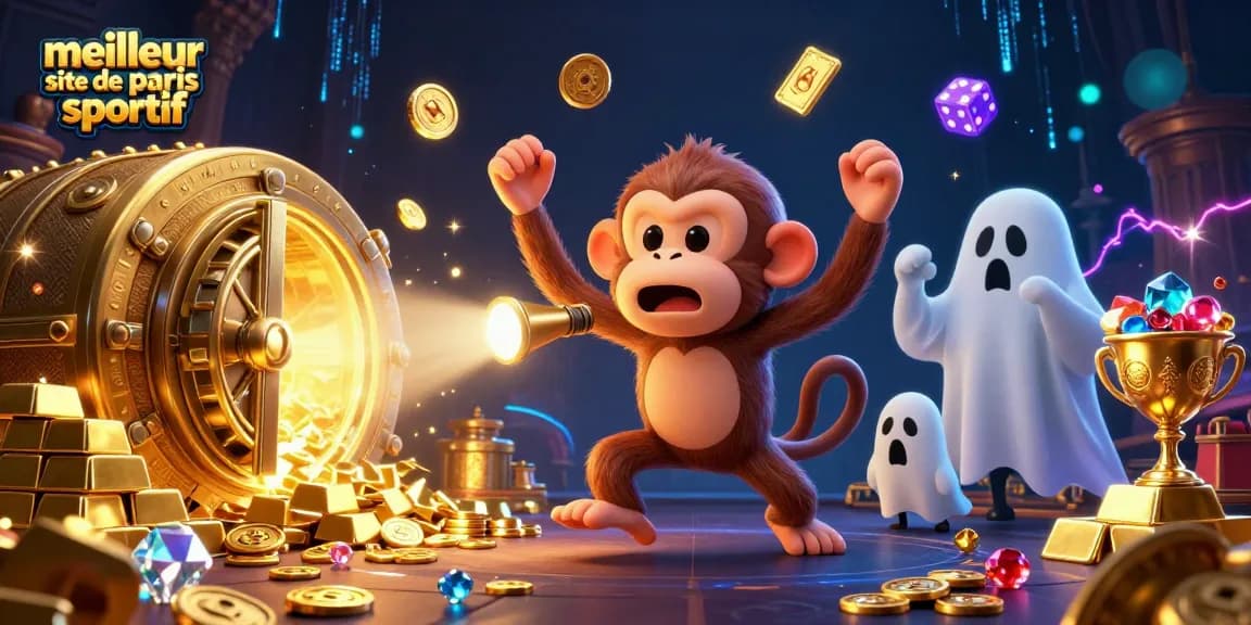 Plongez dans l'univers du meilleur site de paris sportif avec des personnages animés et des trésors brillants.