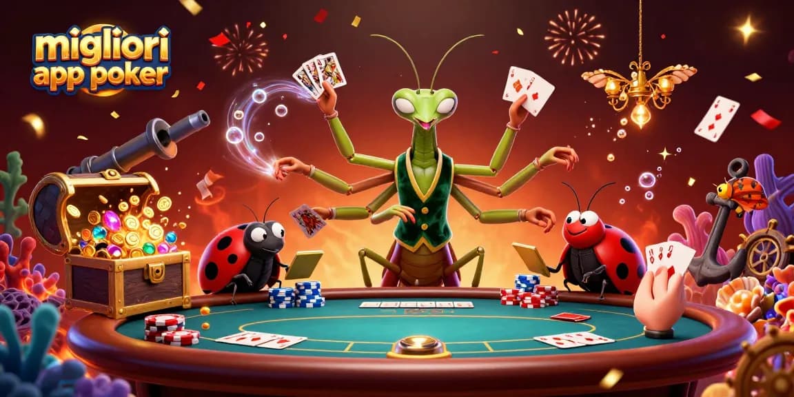 Migliori app poker: una mantide gigante e una coccinella al tavolo di poker, circondati da fiches e carte.