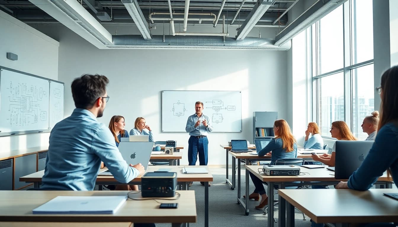 Engaging low voltage training session in a bright classroom with students and technical equipment.