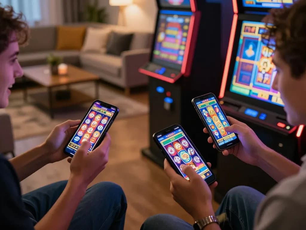 Engaging with situs slot gacor on smartphone, players celebrating big wins from home.
