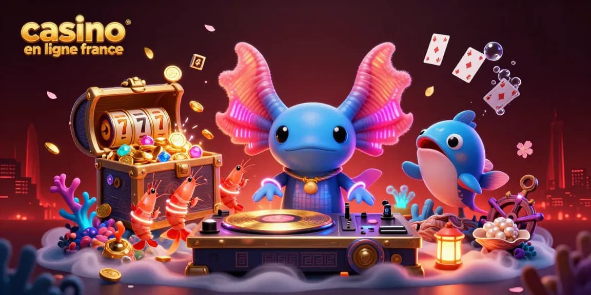 Jouer à des jeux à thème de casino en ligne France avec des personnages animés comme DJ axolotl et des crevettes dansantes.