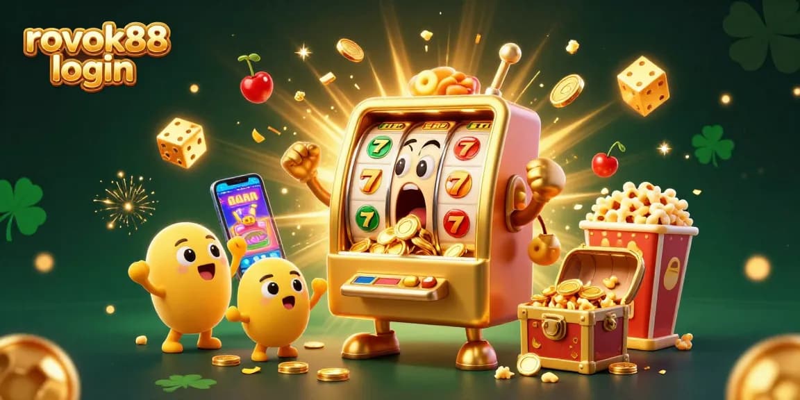 Experience the thrill with rokok88 login featuring a cartoon golden slot machine pouring coins and cheering baby machines.