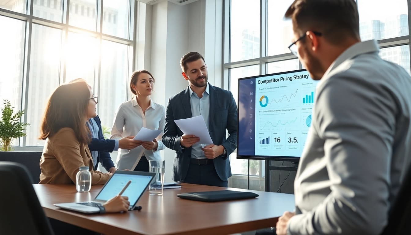 Analyze competitor pricing strategies in a professional marketing meeting with charts.