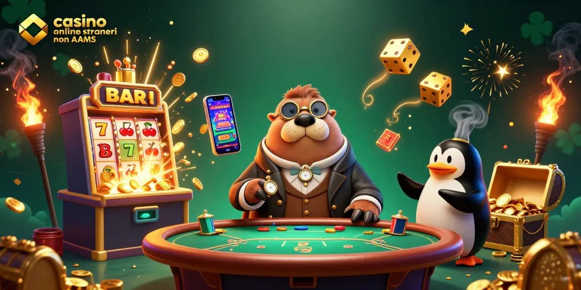 Scopri i casino online stranieri non AAMS con un'immagine dinamica di un tricheco e un dealer pinguino.
