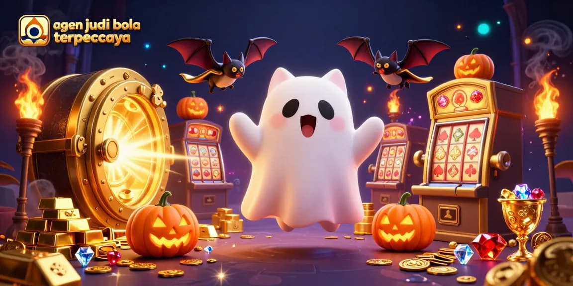 Engage in thrilling gameplay with agen judi bola terpercaya amid a vibrant casino scene featuring a ghost cat and treasures.