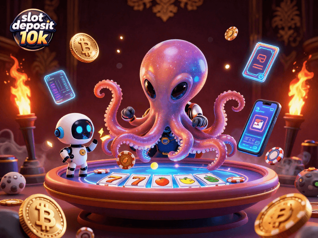 Engage in thrilling gameplay with slot deposit 10k featuring a vibrant 3D alien octopus at a holographic poker table.
