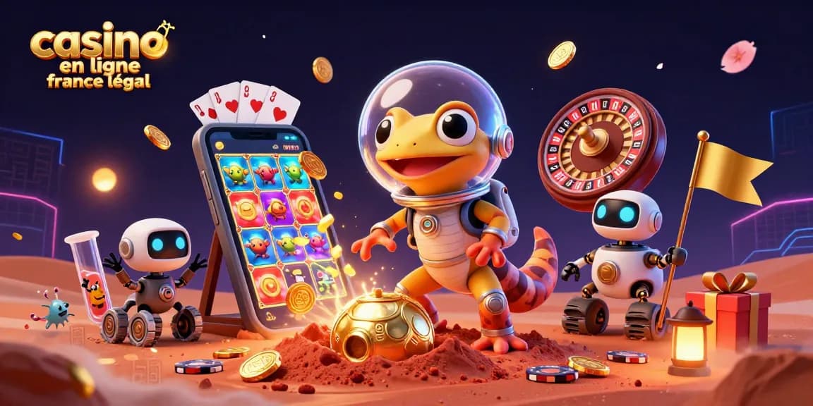 Illustration dynamique célébrant les casinos en ligne en France légal, avec un gecko martien et des éléments de jeux de casino.