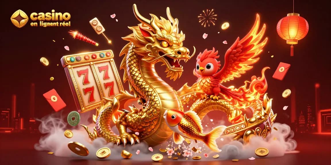 Rejoignez le meilleur casino en ligne argent réel avec un dragon doré et une scène festive