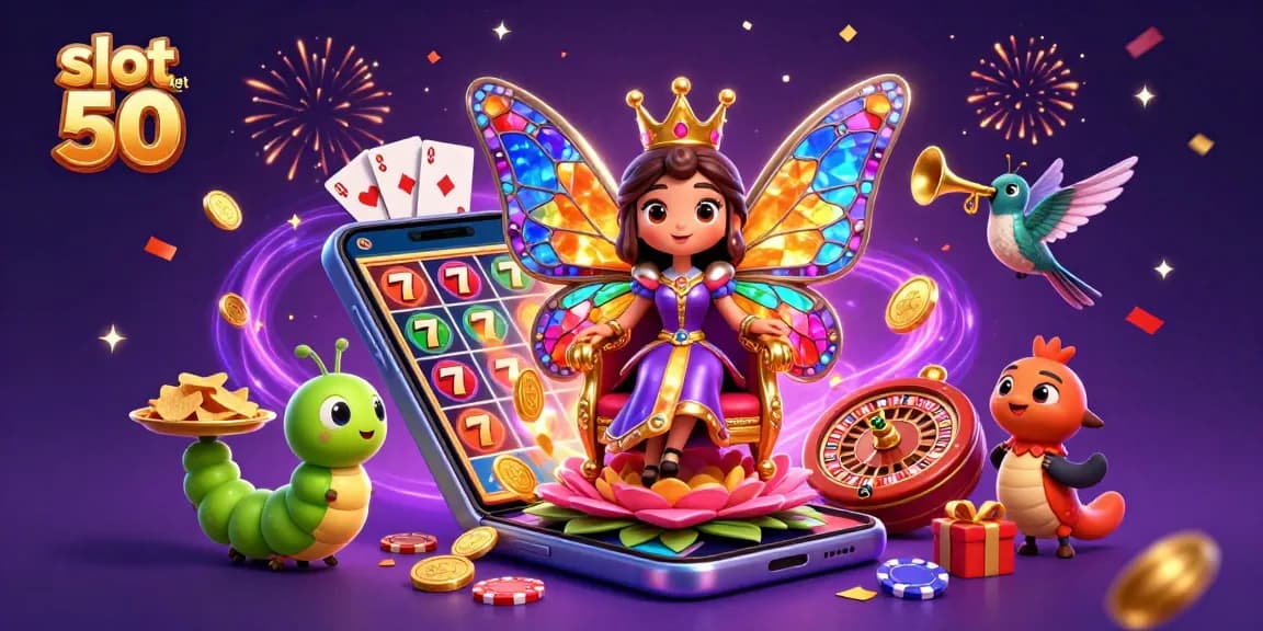 Engage with slot bet 50 at this vibrant digital casino illustration showcasing spinning reels and lucky 7s.
