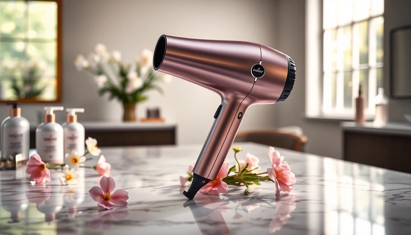 Hair dryer for fine hair showcased with elegant props in a bright and inviting setting.