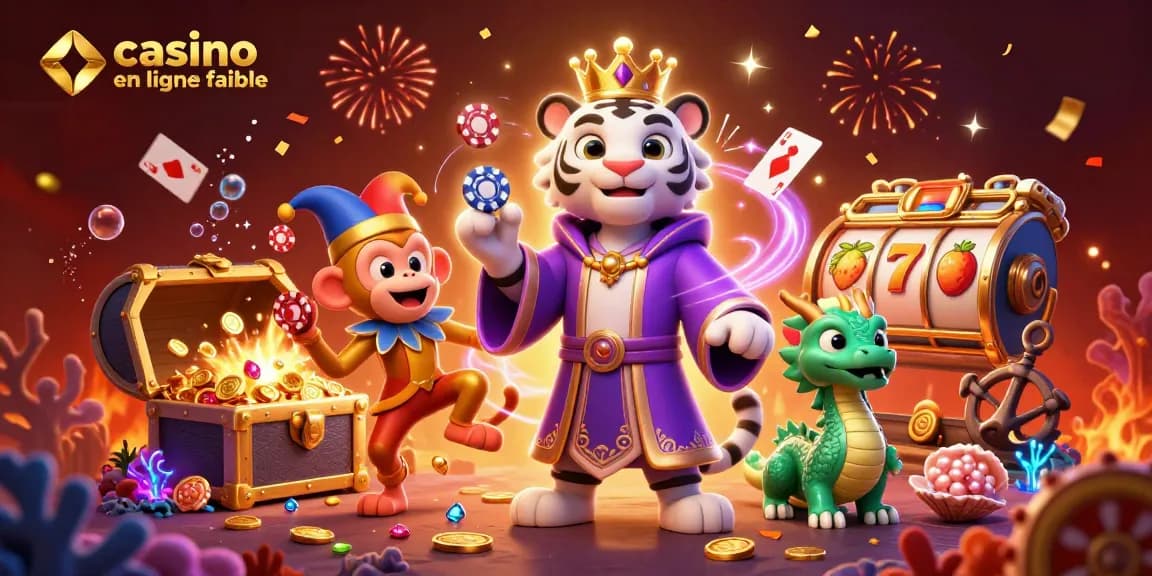 Casino en ligne fiable : illustration d'un tigre blanc, singe doré et dragon jade dans un univers ludique.
