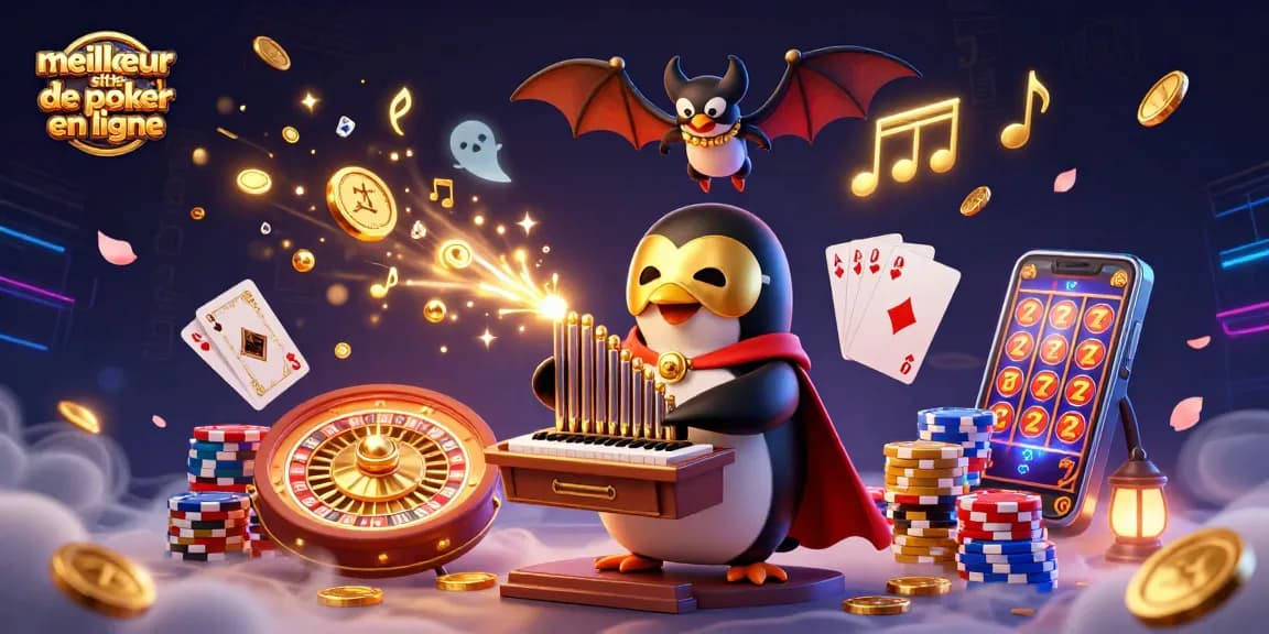 Découvrez le meilleur site de poker en ligne avec un pingouin jouant de l'orgue et des pièces d'or volantes.