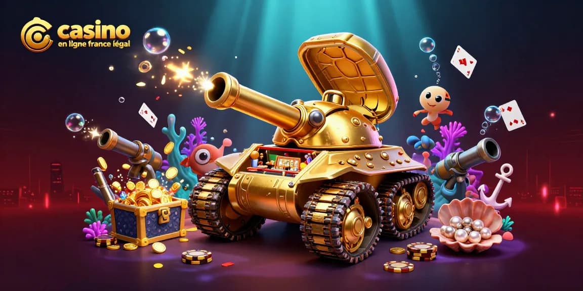 Illustration vibrante de "casino en ligne légal en France", présentant un tank-casino doré avec des personnages miniatures et des éléments marins.