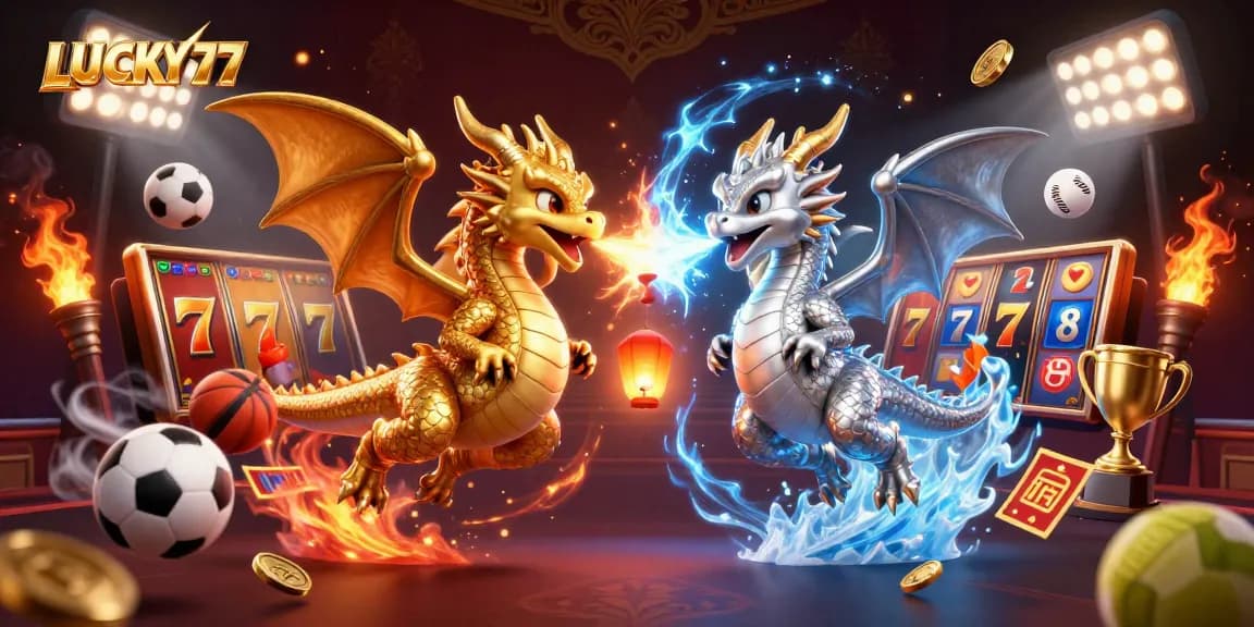 Experience the vibrant essence of LUCKY77 with dynamic dragons and casino elements.