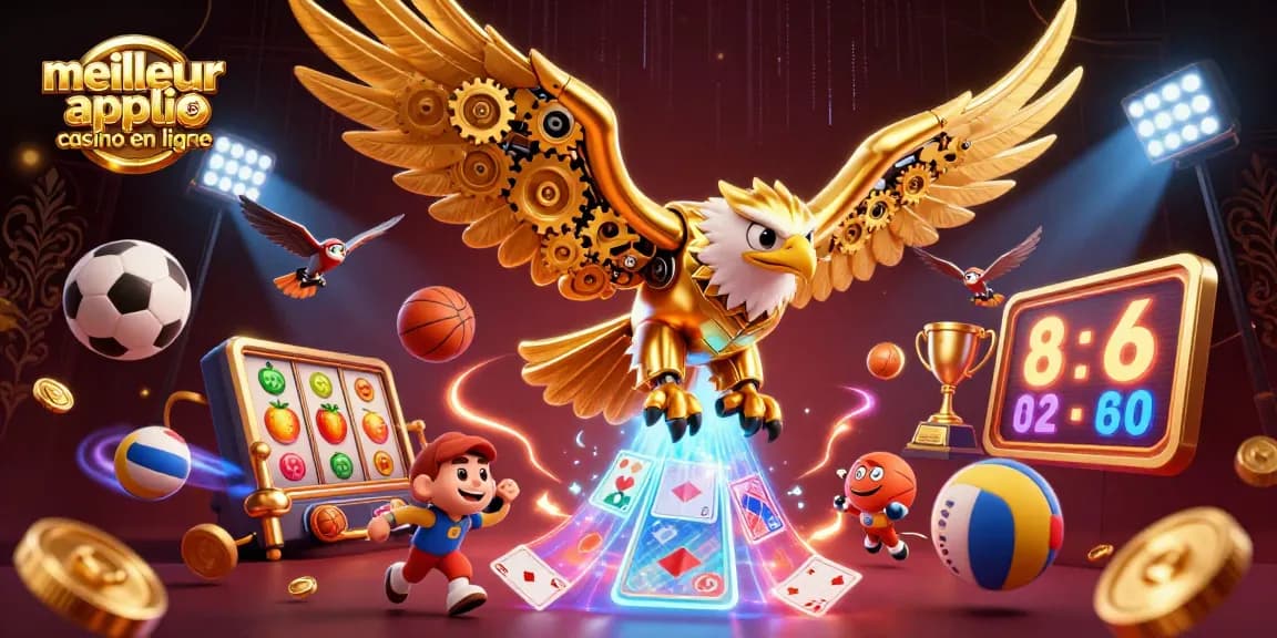 Illustrez le meilleur appli casino en ligne en plongeant avec un aigle cybernétique dans des cartes holographiques.