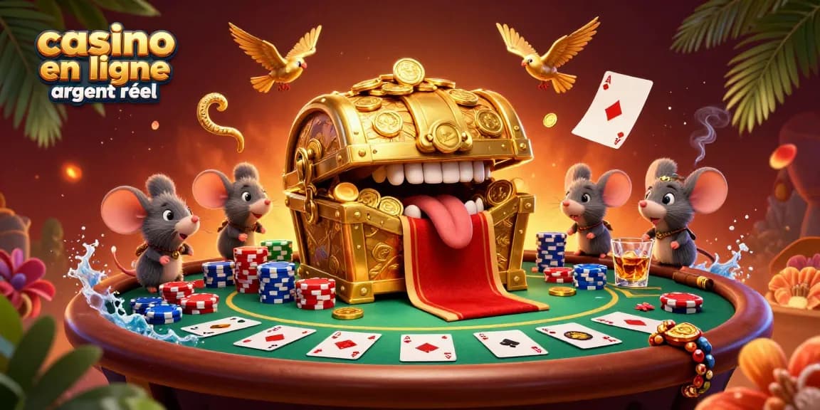 Les souris aventurières attirées par un coffre au trésor en or tandis que le casino en ligne argent réel promet des richesses.