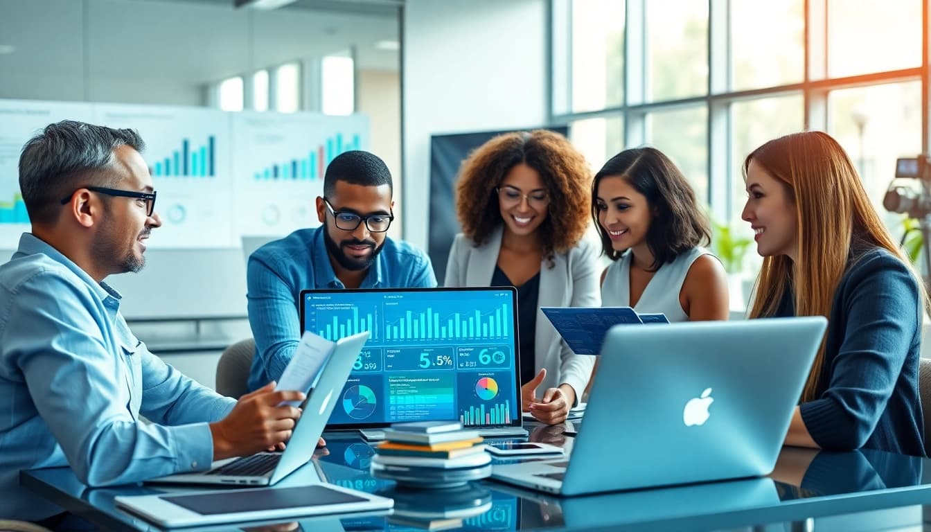 Utilize AI for competitor analysis with diverse professionals collaborating over analytics.