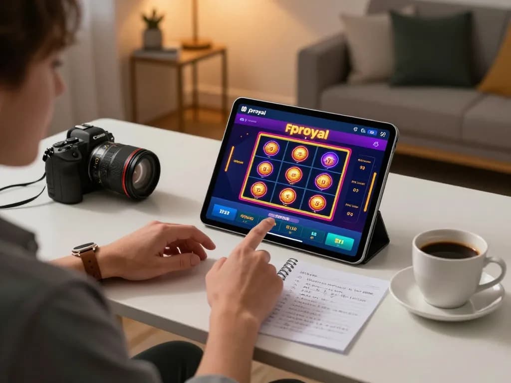 Engaging with jproyal app on tablet while strategizing online slots in cozy setting.