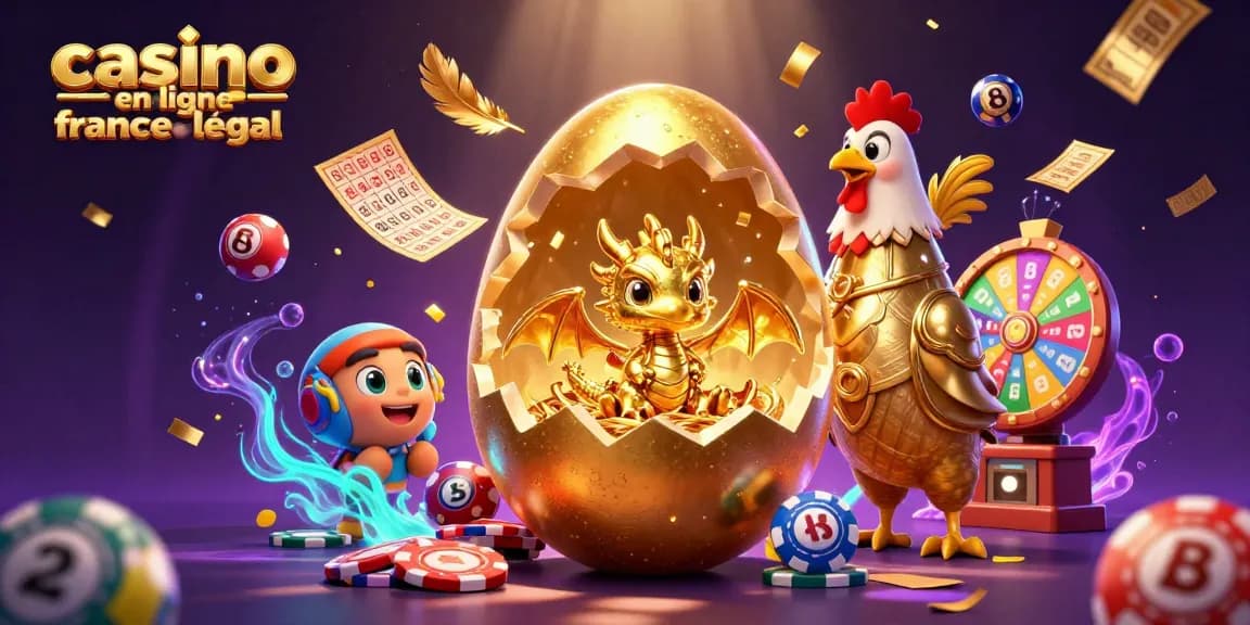 Illustration dynamique de jeu de casino avec "casino en ligne france légal", dragon doré et jetons de poker.