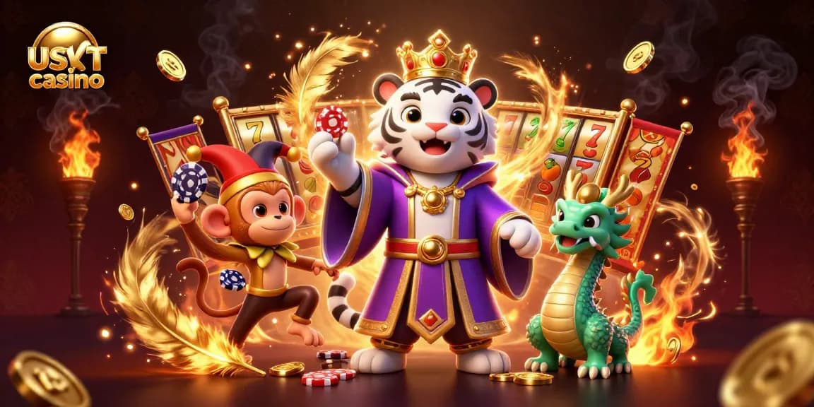 Gioca nei casinò usdt con un'illustrazione vivace di una tigre bianca e un monkey, simboli e giochi emozionanti.