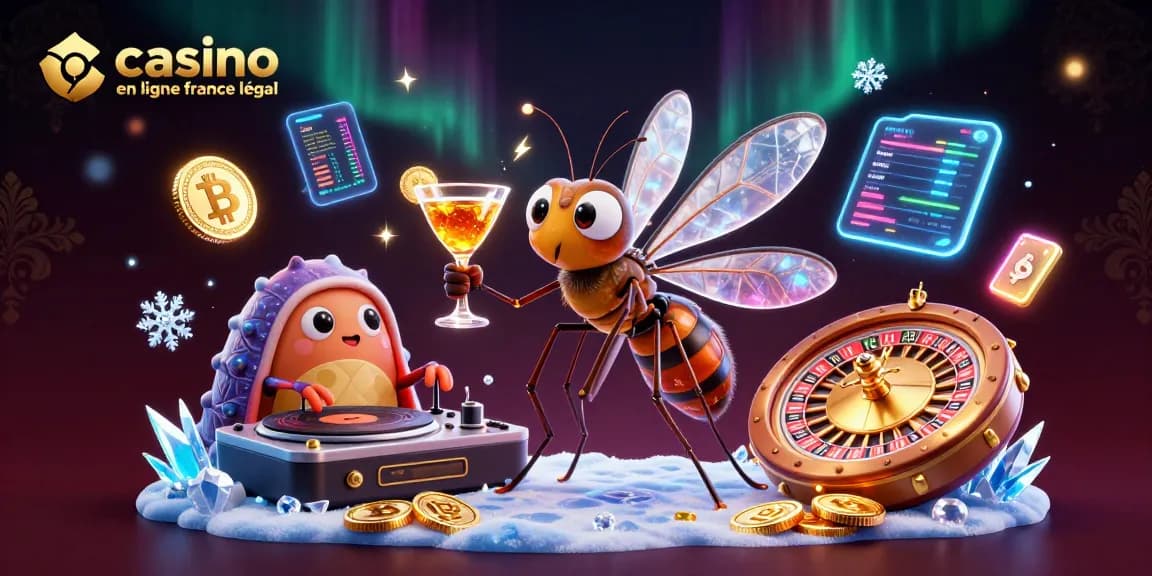 Célébrez le casino en ligne légal en France avec un mosiquito animé et un DJ, et des éléments de jeux en crypto.