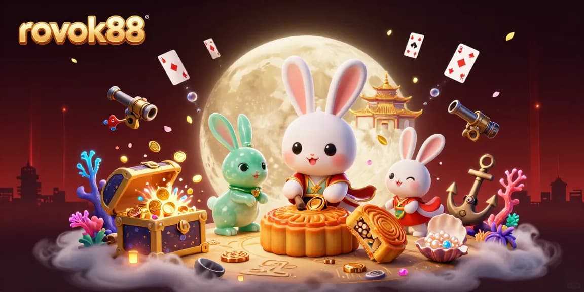 Engage in the vibrant gambling world of rokok88 with a festive moon rabbit scene revealing poker chips.
