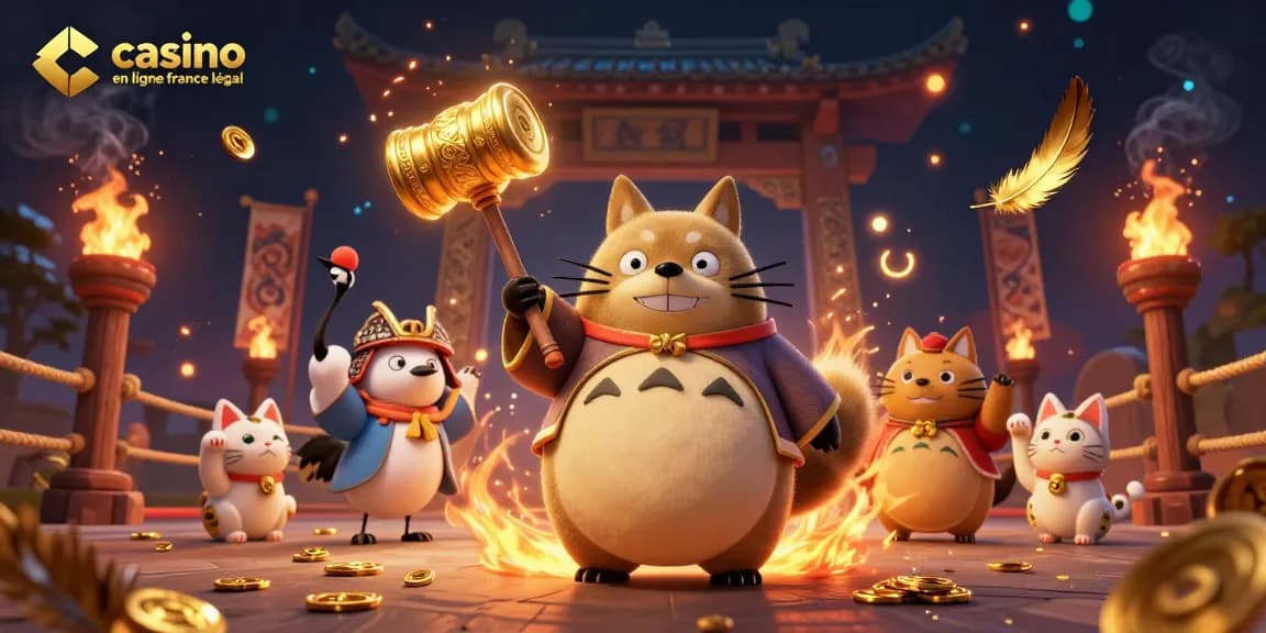 Visualisez le casino en ligne France légal avec un tanuki, une grue et des maneki-neko dans un cadre dynamique.
