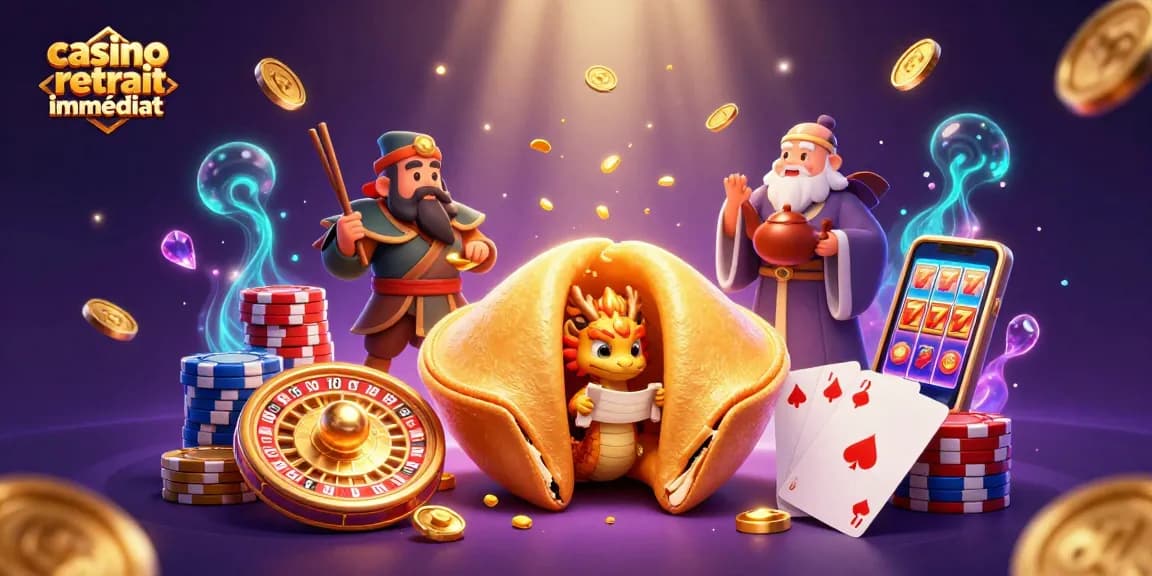 Casino retrait immédiat : illustration dynamique avec fortune cookie et scènes de jeu.