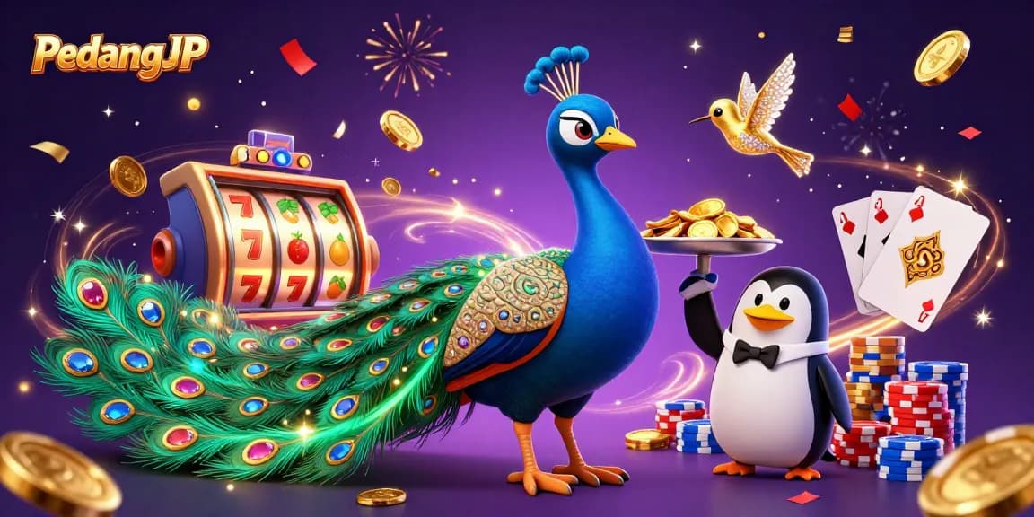 Menggambarkan momen seru di PedangJP dengan merak dan penguin, simbol keberuntungan slot dan koin emas yang bertebaran.