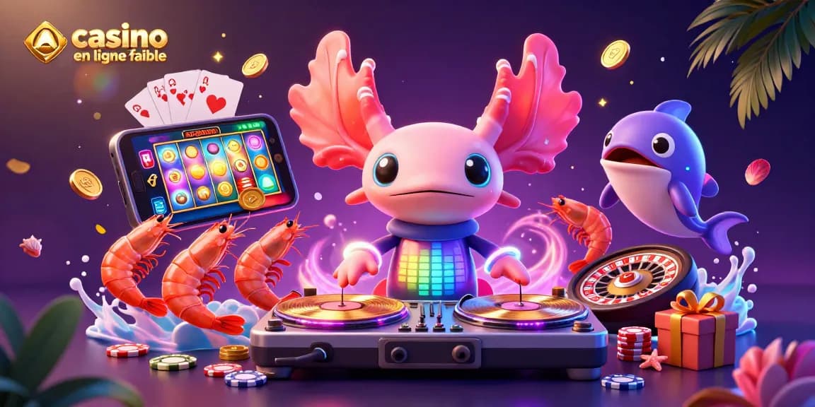 Jouez au casino en ligne fiable avec un DJ axolotl et des éléments de jeu colorés.