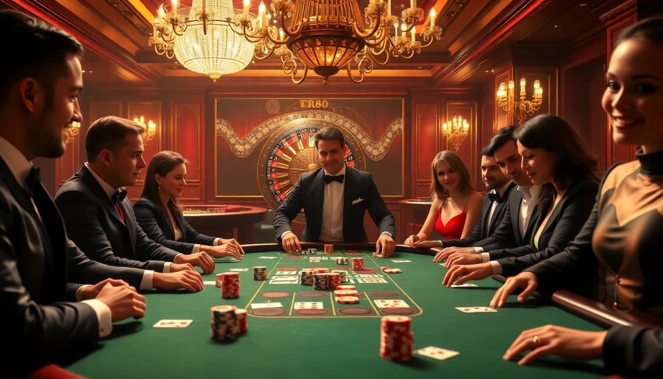 Players engaging in an exciting game at RR88's luxurious poker table, showcasing strategic gambling.
