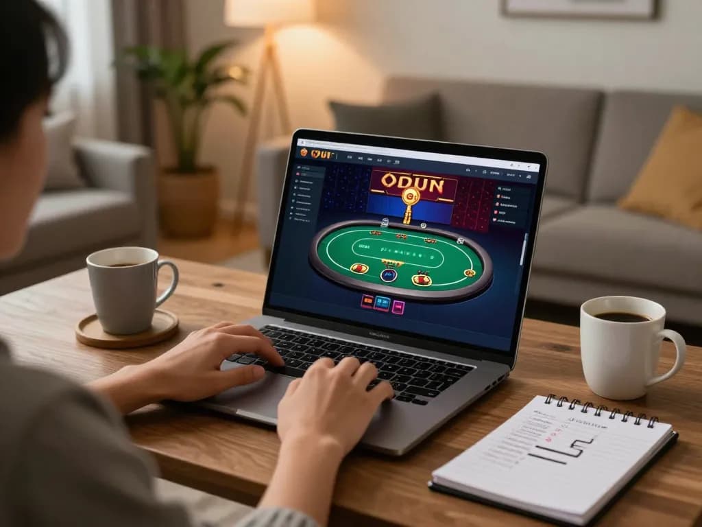 The hidden wiki illustrated in a dynamic online poker game scene, showcasing a player engaging on a laptop with strategic notes around, promoting responsible gambling.