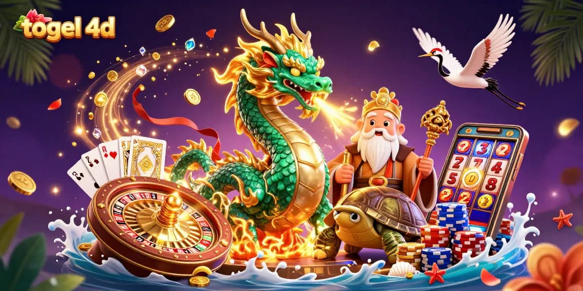 Experience the thrill of togel 4d with a dragon breathing gold, spinning roulettte, and vibrant casino elements.