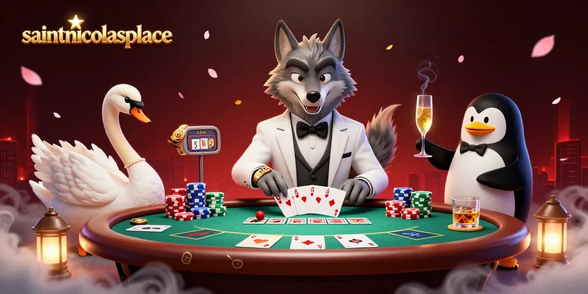 Experience classic gambling with saintnicolasplace's lively card scene featuring charming casino characters.