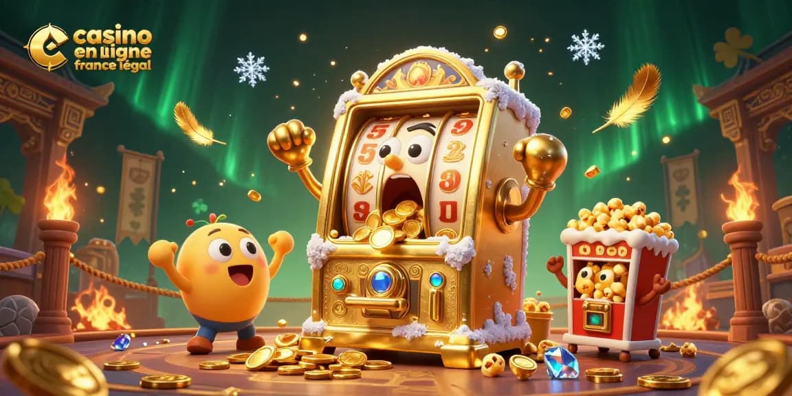 Casino en ligne France légal : illustration d'une machine à sous dorée surprenante avec des pièces qui tombent.