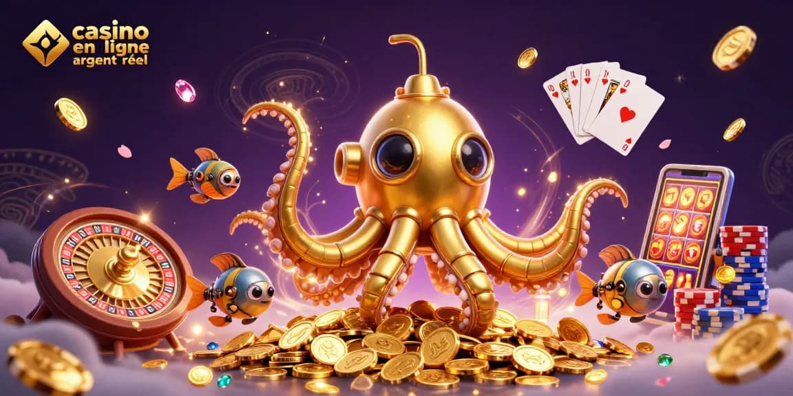 Jouez sur un casino en ligne argent réel avec un kraken sous-marin et des pièces d'or.