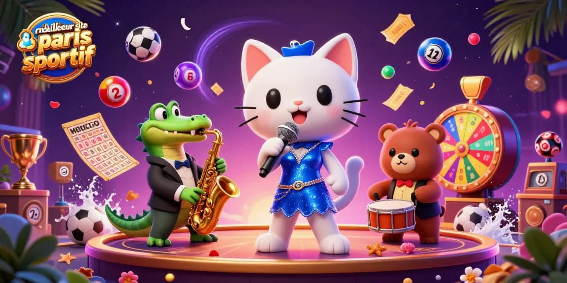 Illustration dynamique du meilleur site de paris sportif avec un chat chanteur, un crocodile et un ours. Jeux captivants !