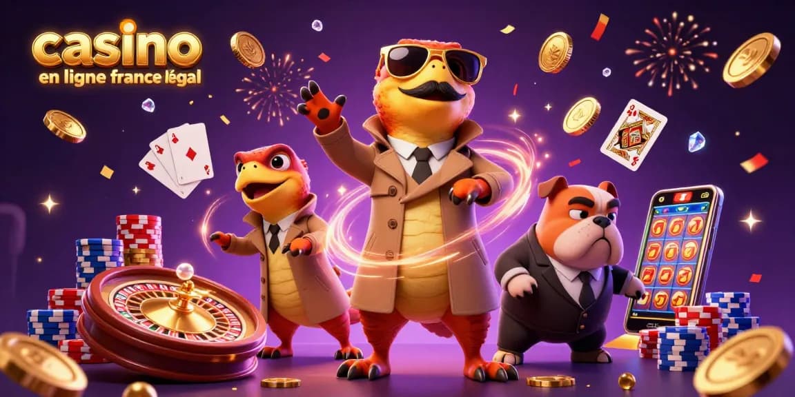 Casino en ligne France légal illustré avec des raptors en trench coat et un videur, ambiance festive.