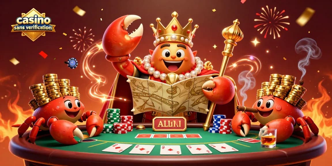 Image illustrant un casino sans vérification avec un crabe en or et des éléments de poker, riches en couleurs et en détails.
