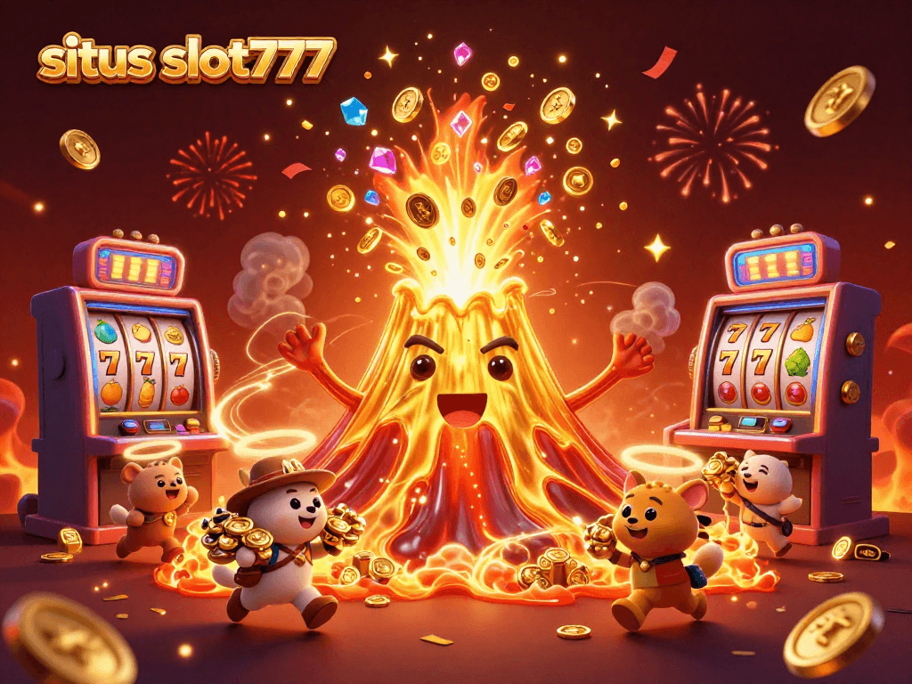 Experience the thrill of situs slot777 with this dynamic casino scene featuring colorful slot machines, gold coins, and lively characters.