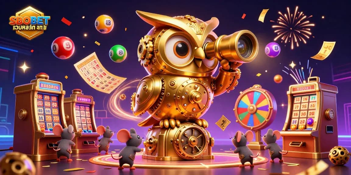 SBOBET เว็บหลัก บริษัทแม่ showcases a whimsical 3D casino scene with a golden owl observing players, featuring vibrant lottery elements and celebratory effects.