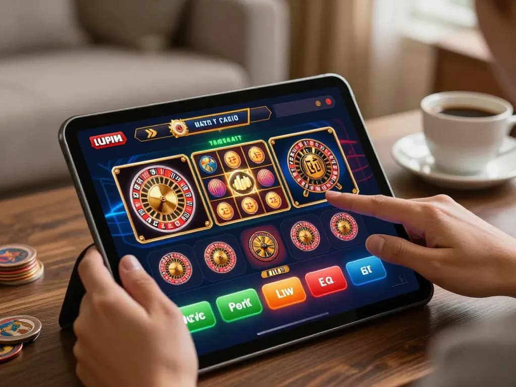 Engaged player using tablet at home for Situs Toto Macau gaming experience, showcasing interactive game features.