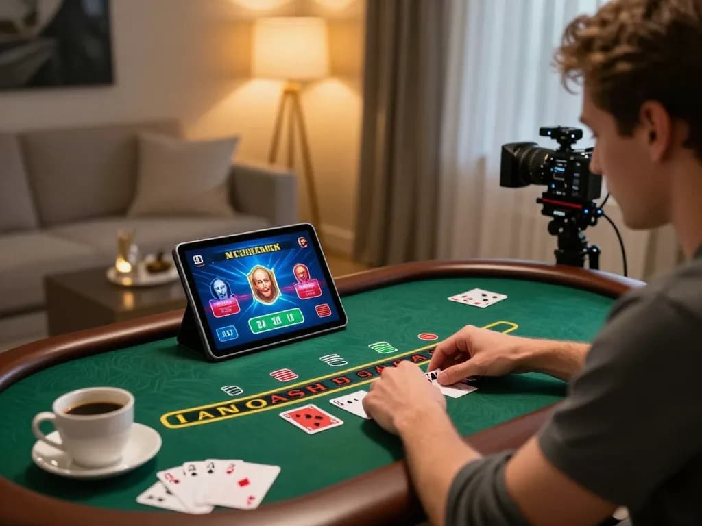 Engaging online gaming experience with F168 live dealer blackjack on tablet in a cozy setting