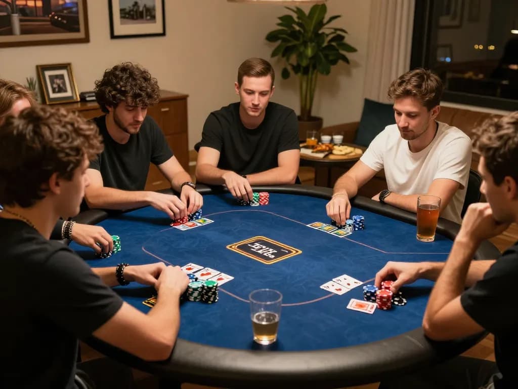 hitclubapk showcases a lively poker game with friends at home, emphasizing camaraderie and strategy