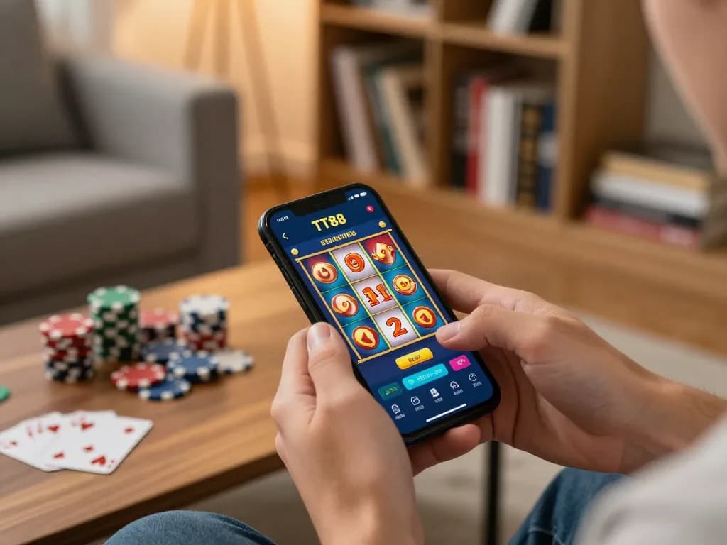 Player enjoying a game on the TT88 app, showcasing mobile gambling features and engagement.